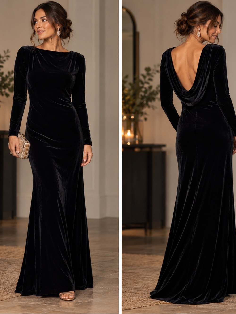 Ralph Lauren Velvet Black Drape Open Back Elegant Full Length Maxi dress